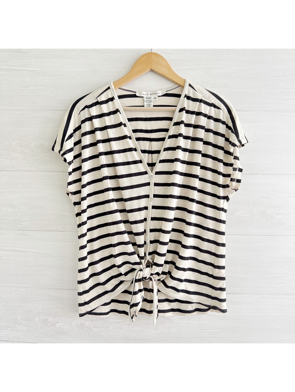 Max Studio Women XL Ivory Black Stripe Linen Blend Tie Front Button Top